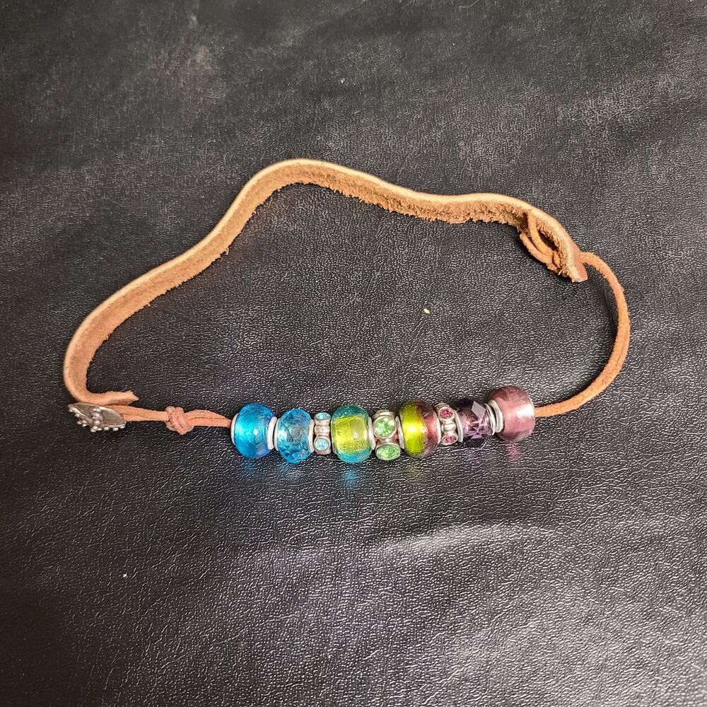 Vintage 90s Handmade leather rainbow glass bead choker